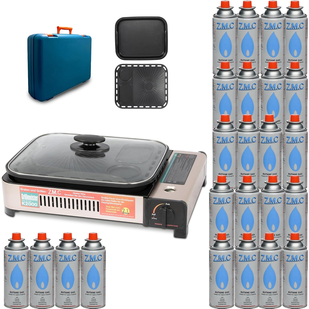 ZMC 2-in-1 Gaskocher und Gasgrill Wählbar mit Gaskartuschen 227g, inkl. Grillplatte, Pfanne, Glasdeckel und Koffer, Campingkocher für innen- und Außenbereich