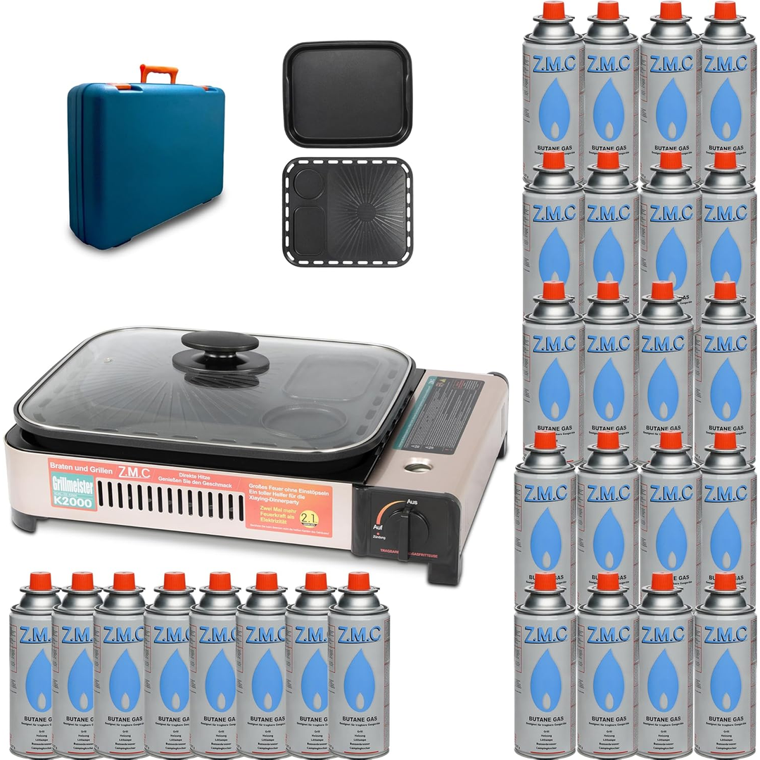 ZMC 2-in-1 Gaskocher und Gasgrill Wählbar mit Gaskartuschen 227g, inkl. Grillplatte, Pfanne, Glasdeckel und Koffer, Campingkocher für innen- und Außenbereich