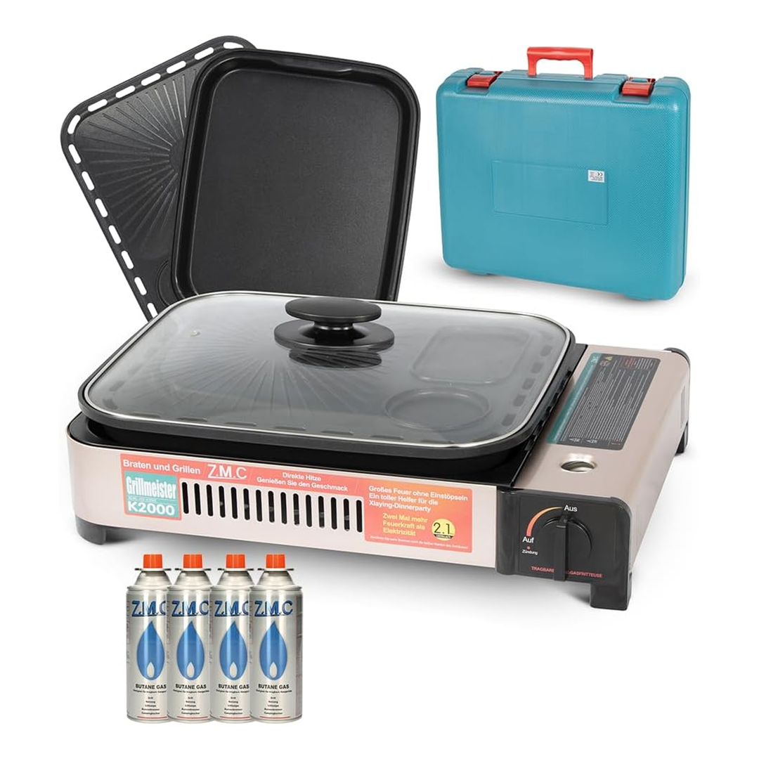 ZMC 2-in-1 Gaskocher und Gasgrill Wählbar mit Gaskartuschen 227g, inkl. Grillplatte, Pfanne, Glasdeckel und Koffer, Campingkocher für innen- und Außenbereich