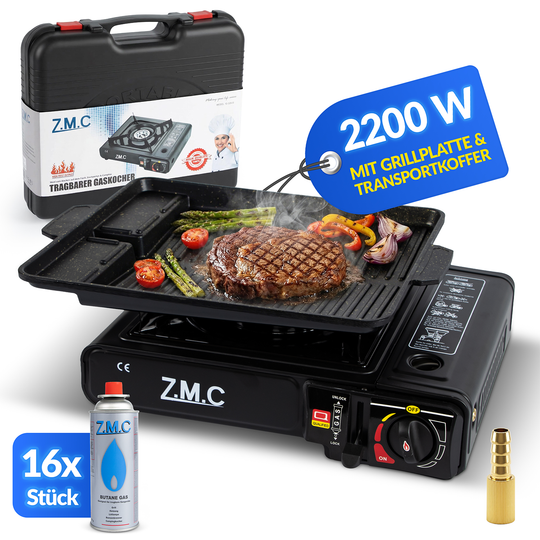 ZMC 1-flammiger Gaskocher 2,2 kW mit Piezo-Zündung inkl. LPG-Adapter & Koffer | Wählbar mit Grillplatte oder 227g Gaskartuschen | Tragbarer Campingkocher für Outdoor, Indoor, Garten & Notfallküche
