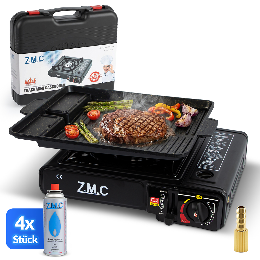 ZMC 1-flammiger Gaskocher 2,2 kW mit Piezo-Zündung inkl. LPG-Adapter & Koffer | Wählbar mit Grillplatte oder 227g Gaskartuschen | Tragbarer Campingkocher für Outdoor, Indoor, Garten & Notfallküche