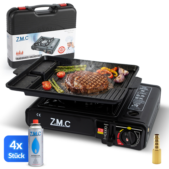 ZMC 1-flammiger Gaskocher 2,2 kW mit Piezo-Zündung inkl. LPG-Adapter & Koffer | Wählbar mit Grillplatte oder 227g Gaskartuschen | Tragbarer Campingkocher für Outdoor, Indoor, Garten & Notfallküche