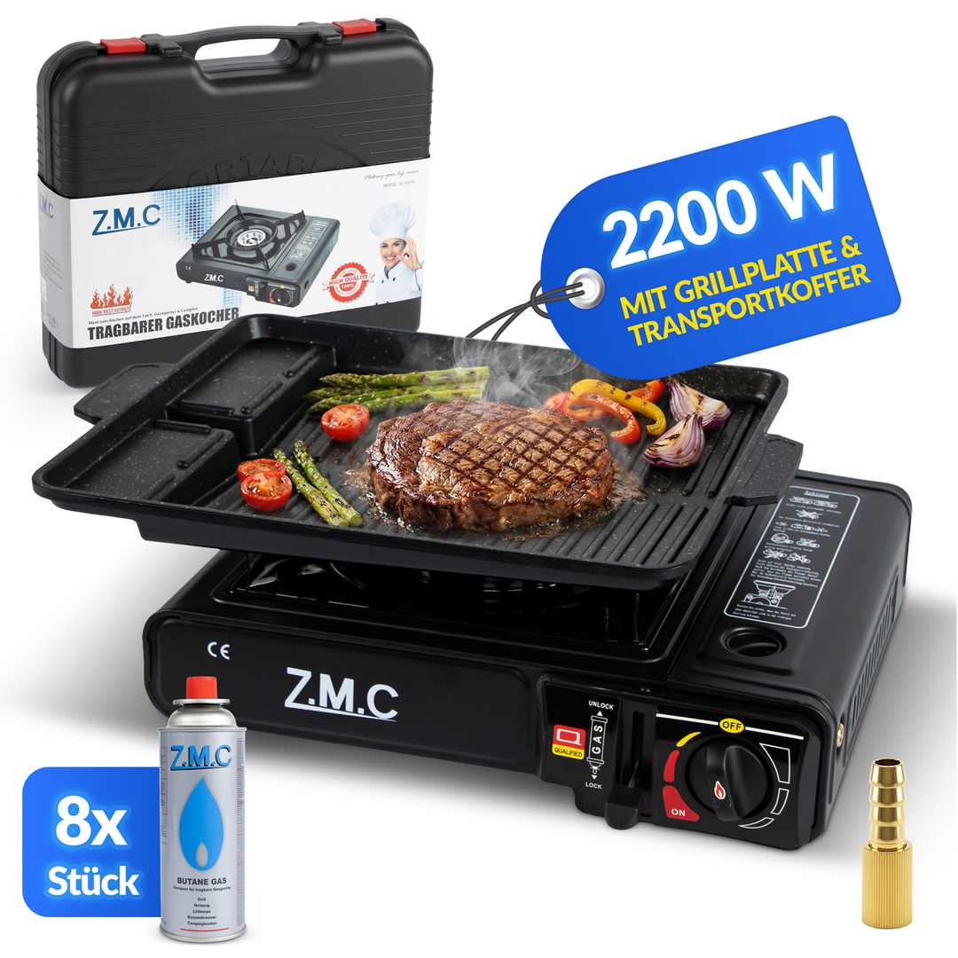 ZMC 1-flammiger Gaskocher 2,2 kW mit Piezo-Zündung inkl. LPG-Adapter & Koffer | Wählbar mit Grillplatte oder 227g Gaskartuschen | Tragbarer Campingkocher für Outdoor, Indoor, Garten & Notfallküche