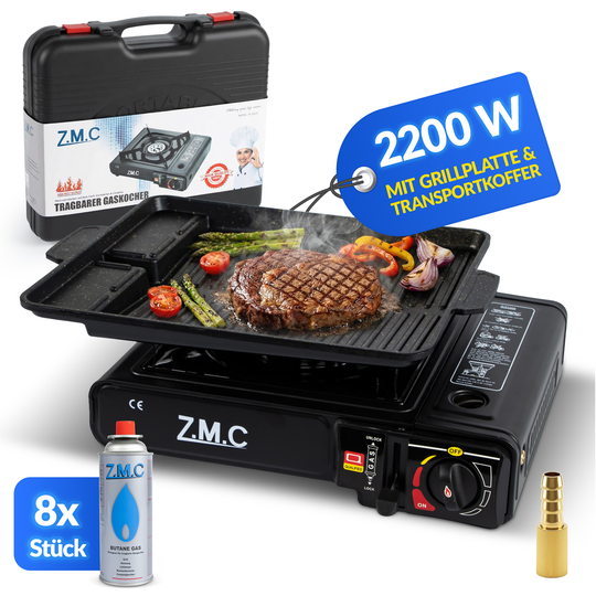 ZMC 1-flammiger Gaskocher 2,2 kW mit Piezo-Zündung inkl. LPG-Adapter & Koffer | Wählbar mit Grillplatte oder 227g Gaskartuschen | Tragbarer Campingkocher für Outdoor, Indoor, Garten & Notfallküche