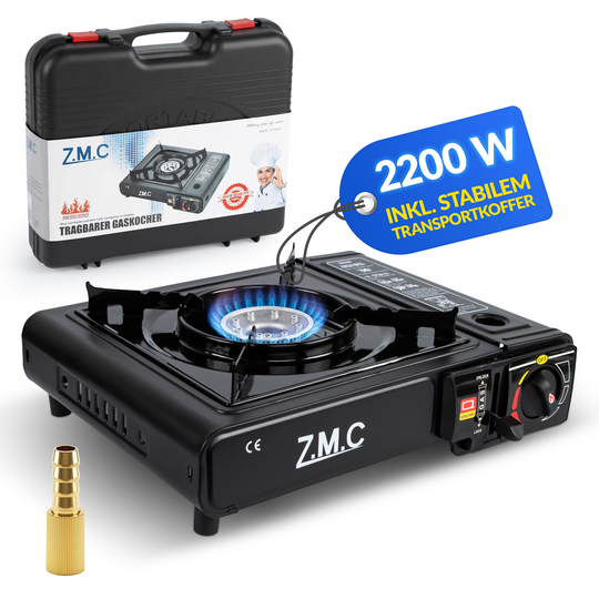 ZMC 1-flammiger Gaskocher 2,2 kW mit Piezo-Zündung inkl. LPG-Adapter & Koffer | Wählbar mit Grillplatte oder 227g Gaskartuschen | Tragbarer Campingkocher für Outdoor, Indoor, Garten & Notfallküche