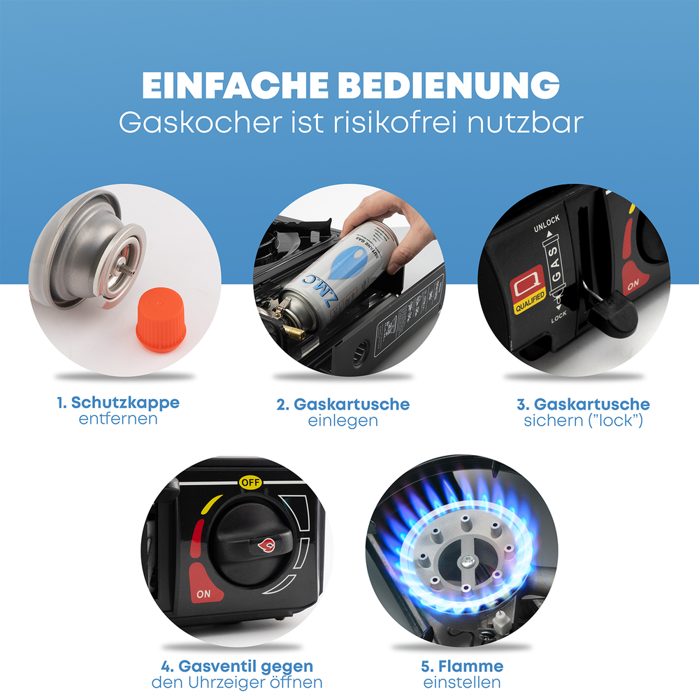 ZMC Gaskocher 1-flammig 2,2KW, inkl. Adapter für LPG Gasflaschen + Aufbewahrungskoffer Wählbar mit Grillplatte oder Gaskartuschen 227g, Campingkocher mit Piezozündung