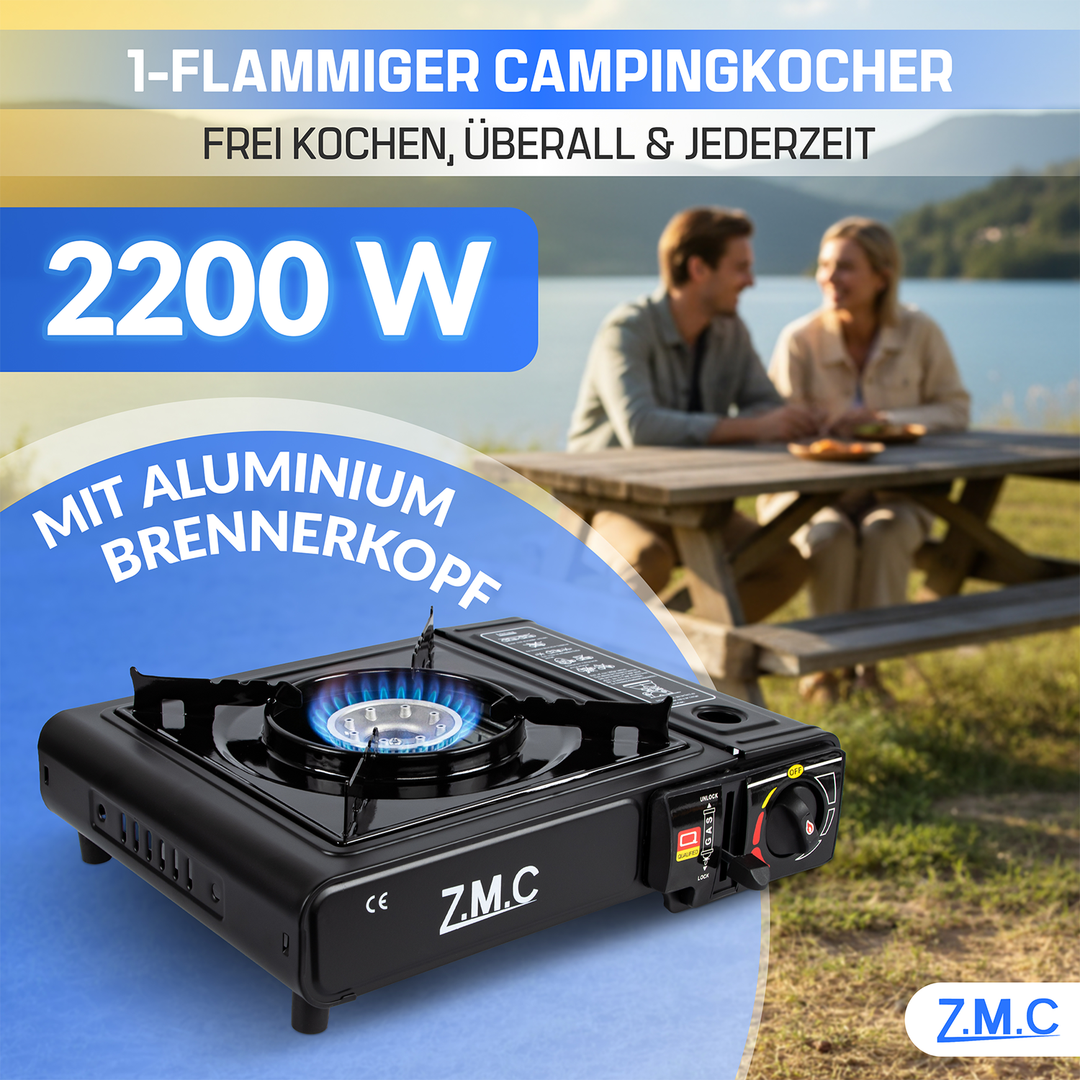 ZMC 1-flammiger Gaskocher 2,2 kW mit Piezo-Zündung inkl. LPG-Adapter & Koffer | Wählbar mit Grillplatte oder 227g Gaskartuschen | Tragbarer Campingkocher für Outdoor, Indoor, Garten & Notfallküche