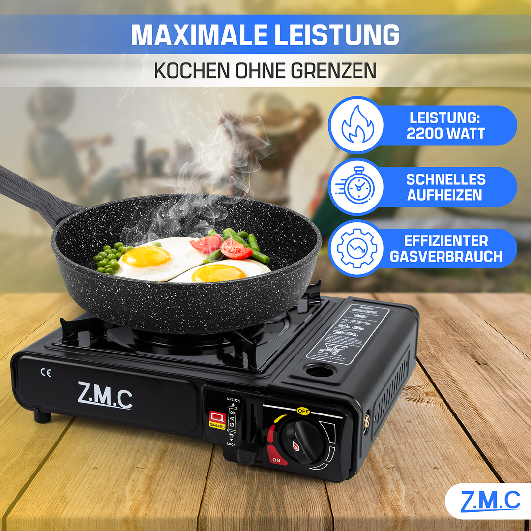 ZMC 1-flammiger Gaskocher 2,2 kW mit Piezo-Zündung inkl. LPG-Adapter & Koffer | Wählbar mit Grillplatte oder 227g Gaskartuschen | Tragbarer Campingkocher für Outdoor, Indoor, Garten & Notfallküche