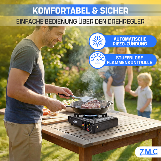 ZMC 1-flammiger Gaskocher 2,2 kW mit Piezo-Zündung inkl. LPG-Adapter & Koffer | Wählbar mit Grillplatte oder 227g Gaskartuschen | Tragbarer Campingkocher für Outdoor, Indoor, Garten & Notfallküche