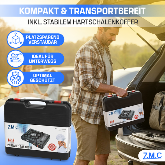 ZMC 1-flammiger Gaskocher 2,2 kW mit Piezo-Zündung inkl. LPG-Adapter & Koffer | Wählbar mit Grillplatte oder 227g Gaskartuschen | Tragbarer Campingkocher für Outdoor, Indoor, Garten & Notfallküche