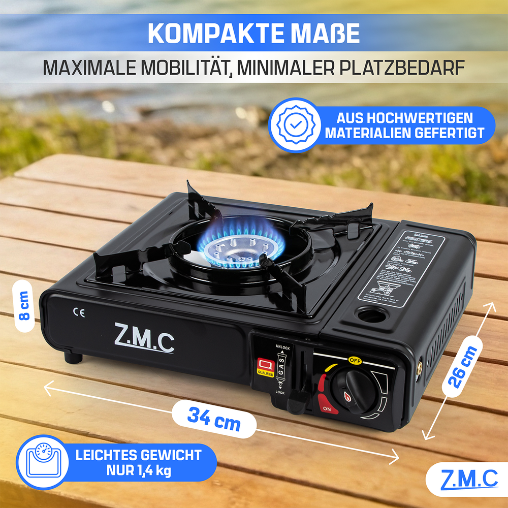 ZMC 1-flammiger Gaskocher 2,2 kW mit Piezo-Zündung inkl. LPG-Adapter & Koffer | Wählbar mit Grillplatte oder 227g Gaskartuschen | Tragbarer Campingkocher für Outdoor, Indoor, Garten & Notfallküche