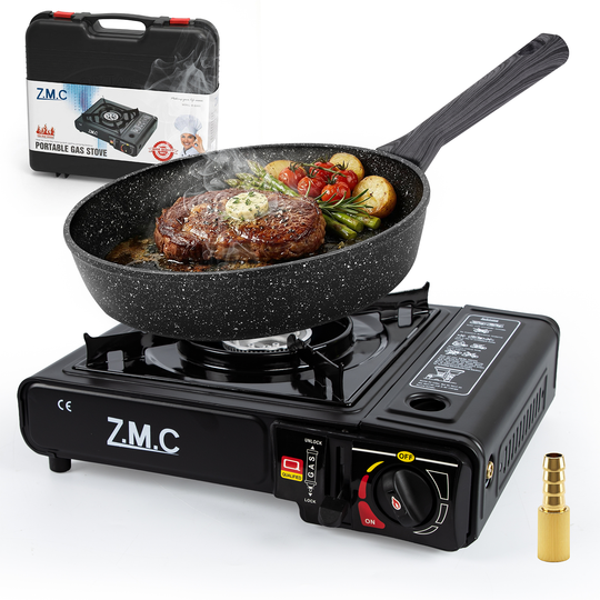 ZMC 1-flammiger Gaskocher 2,2 kW mit Piezo-Zündung inkl. LPG-Adapter & Koffer | Wählbar mit Grillplatte oder 227g Gaskartuschen | Tragbarer Campingkocher für Outdoor, Indoor, Garten & Notfallküche