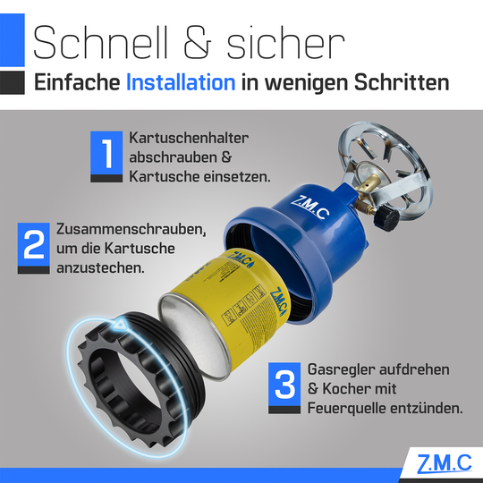 ZMC Campingkocher 1110W mit Gaskartuschen 190g, tragbarer Gaskocher & Kohleanzünder, Kartuschenkocher für Stechkartuschen, ideal für Camping, Reisen & Outdoor