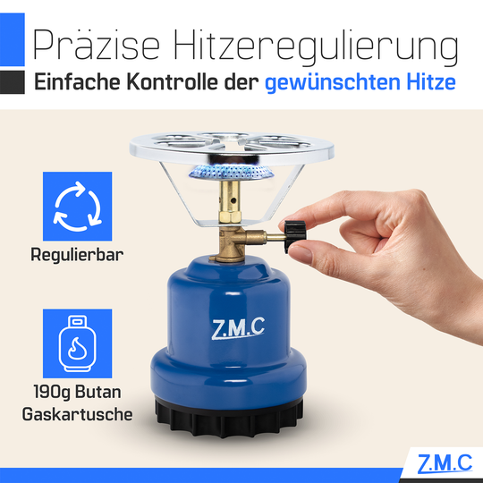 ZMC Campingkocher 1110W mit Gaskartuschen 190g, tragbarer Gaskocher & Kohleanzünder, Kartuschenkocher für Stechkartuschen, ideal für Camping, Reisen & Outdoor