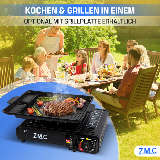 ZMC 1-flammiger Gaskocher 2,2 kW mit Piezo-Zündung inkl. LPG-Adapter & Koffer | Wählbar mit Grillplatte oder 227g Gaskartuschen | Tragbarer Campingkocher für Outdoor, Indoor, Garten & Notfallküche