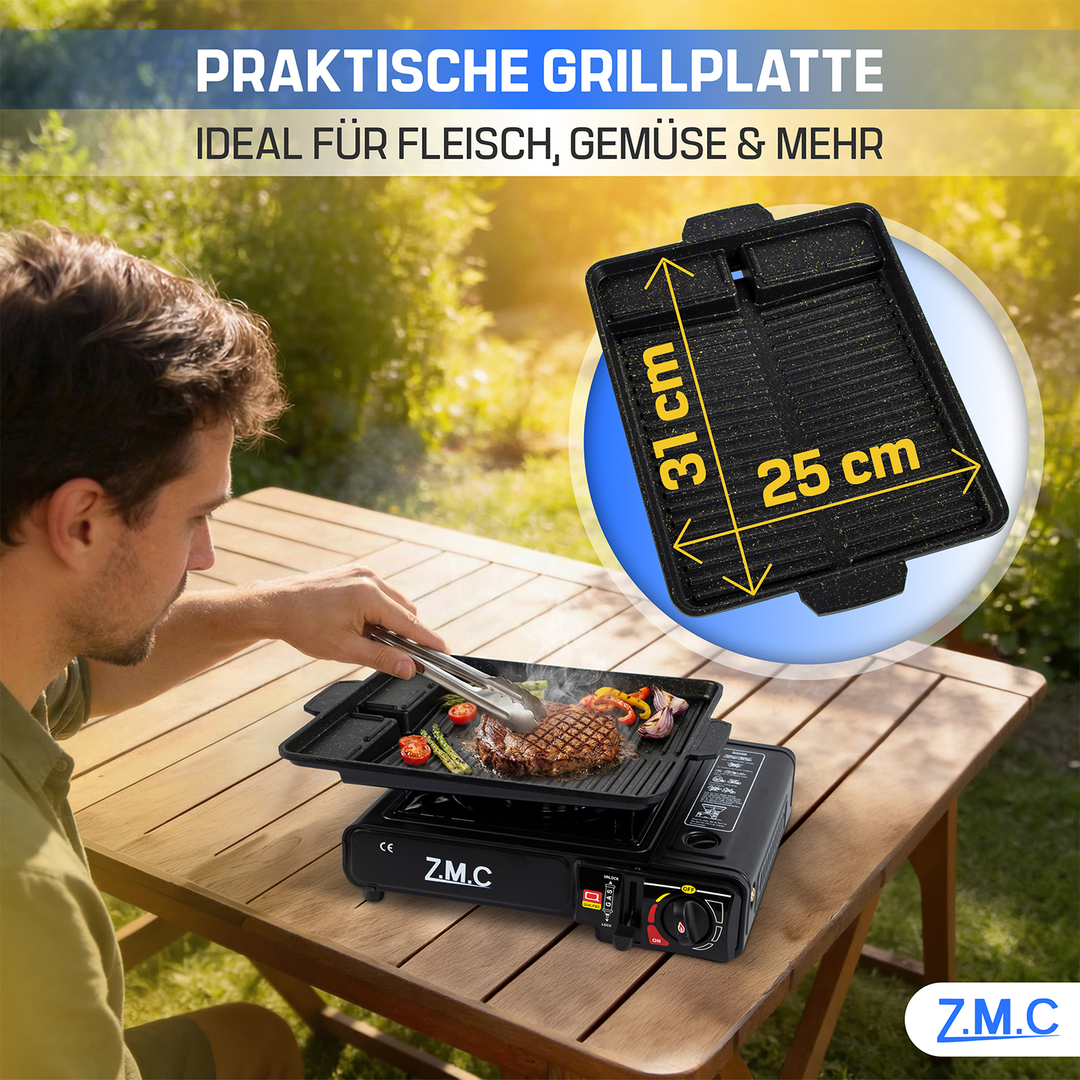 ZMC 1-flammiger Gaskocher 2,2 kW mit Piezo-Zündung inkl. LPG-Adapter & Koffer | Wählbar mit Grillplatte oder 227g Gaskartuschen | Tragbarer Campingkocher für Outdoor, Indoor, Garten & Notfallküche