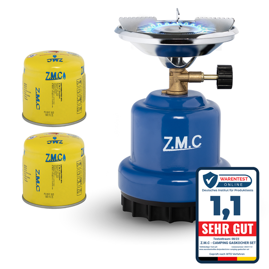 Z.M.C Campingkocher 1 flammig + Gaskartuschen 190g, Gaskocher für Camping, Mini Camping Gas Kocher, Anzünder für Camping, Festivals oder Wanderungen