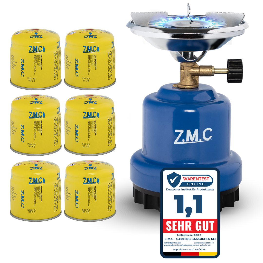 Z.M.C Campingkocher 1 flammig + Gaskartuschen 190g, Gaskocher für Camping, Mini Camping Gas Kocher, Anzünder für Camping, Festivals oder Wanderungen