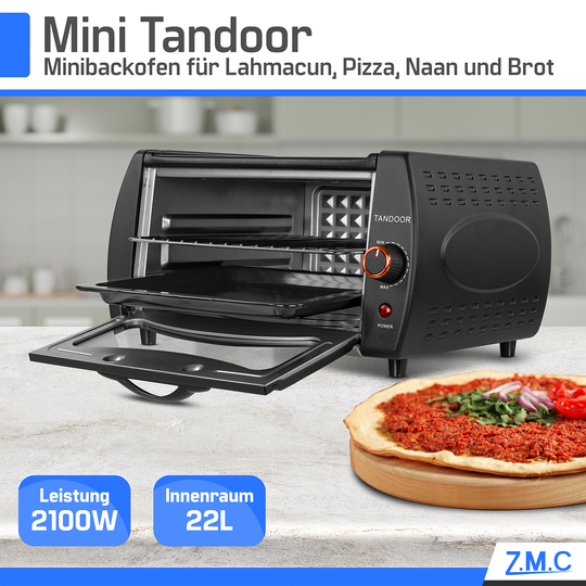 ZMC Mini Tandoor 2100W 22L - Minibackofen für Lahmacun, Pizza, Naan und Brot. Inklusive Backblech und Grillrost. Kompakt, leistungsstark, schnelles Aufheizen