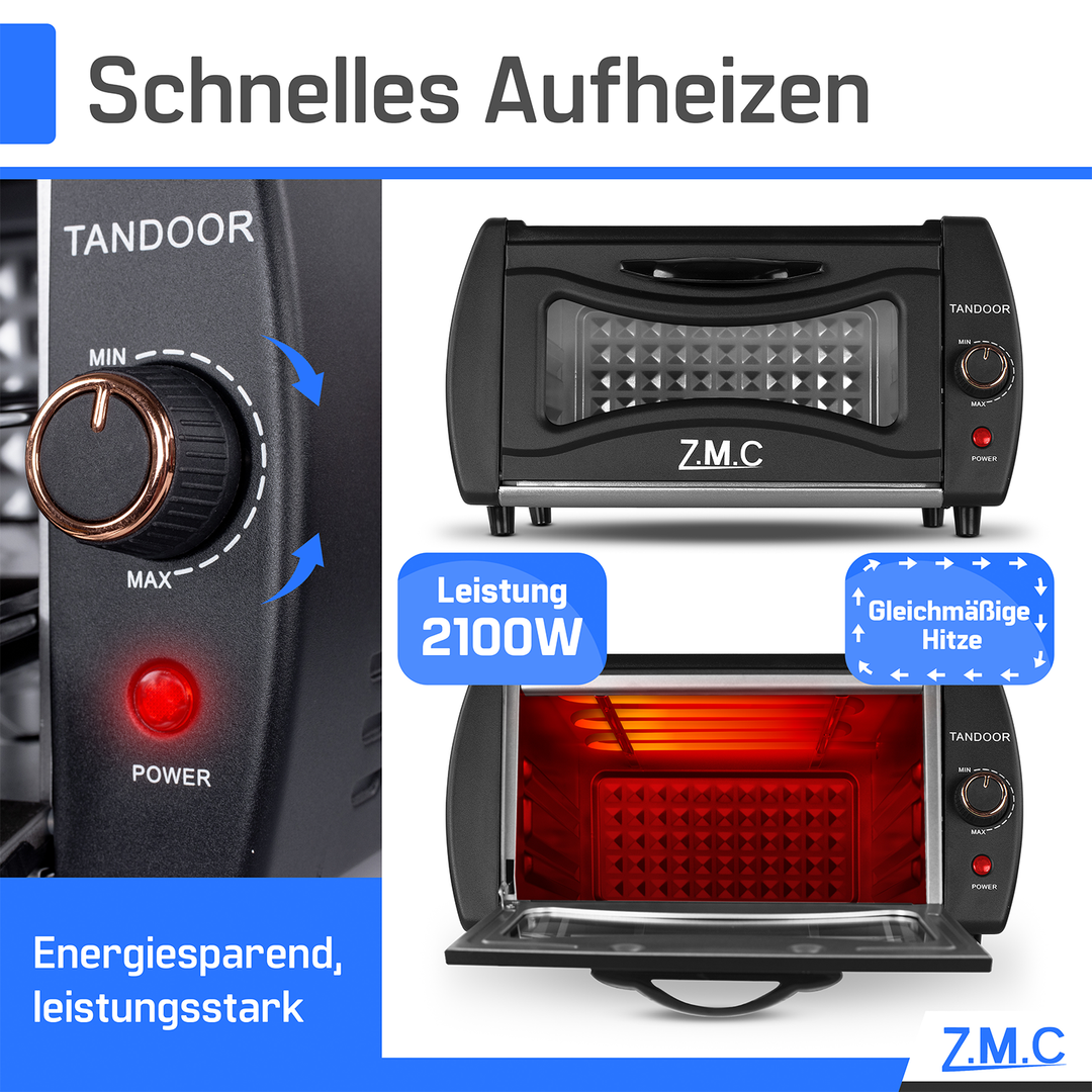 ZMC Mini Tandoor 2100W 22L - Minibackofen für Lahmacun, Pizza, Naan und Brot. Inklusive Backblech und Grillrost. Kompakt, leistungsstark, schnelles Aufheizen