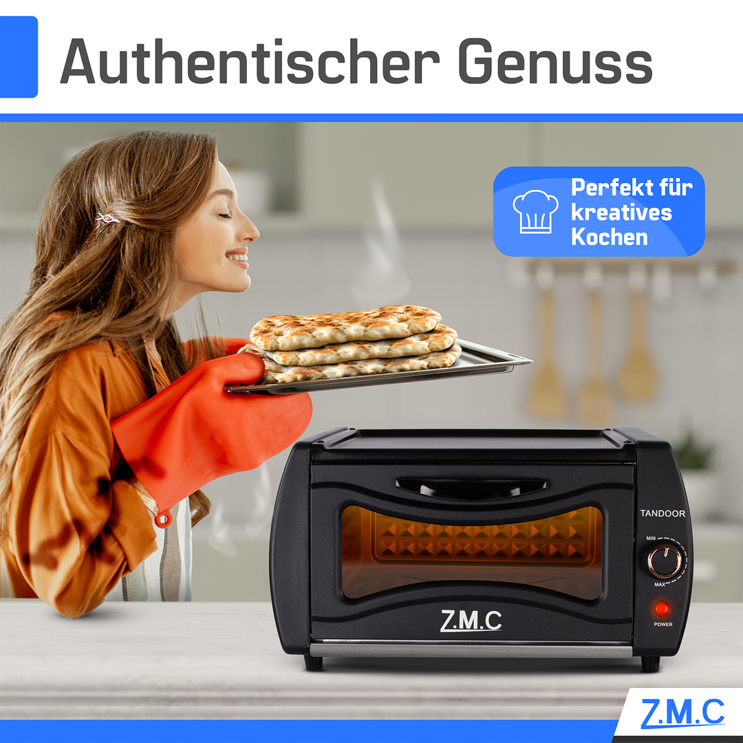 ZMC Mini Tandoor 2100W 22L - Minibackofen für Lahmacun, Pizza, Naan und Brot. Inklusive Backblech und Grillrost. Kompakt, leistungsstark, schnelles Aufheizen