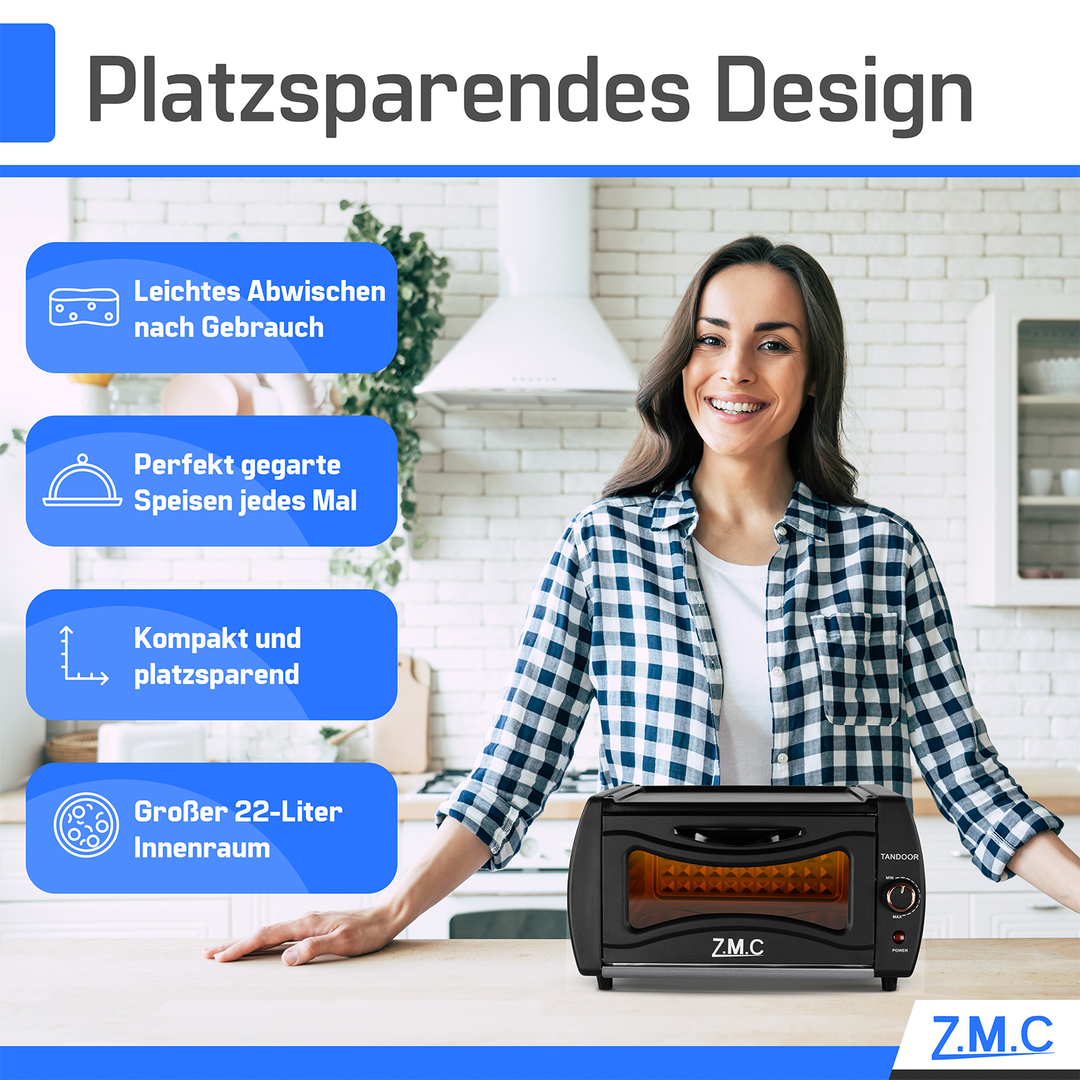 ZMC Mini Tandoor 2100W 22L - Minibackofen für Lahmacun, Pizza, Naan und Brot. Inklusive Backblech und Grillrost. Kompakt, leistungsstark, schnelles Aufheizen