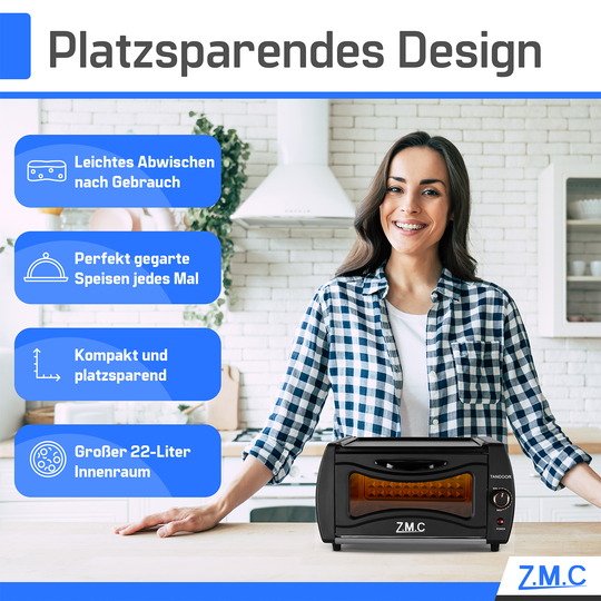 ZMC Mini Tandoor 2100W 22L - Minibackofen für Lahmacun, Pizza, Naan und Brot. Inklusive Backblech und Grillrost. Kompakt, leistungsstark, schnelles Aufheizen