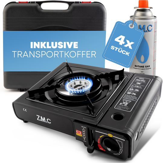 ZMC Gaskocher 1-flammig 2,2KW, inkl. Adapter für LPG Gasflaschen + Aufbewahrungskoffer Wählbar mit Grillplatte oder Gaskartuschen 227g, Campingkocher mit Piezozündung