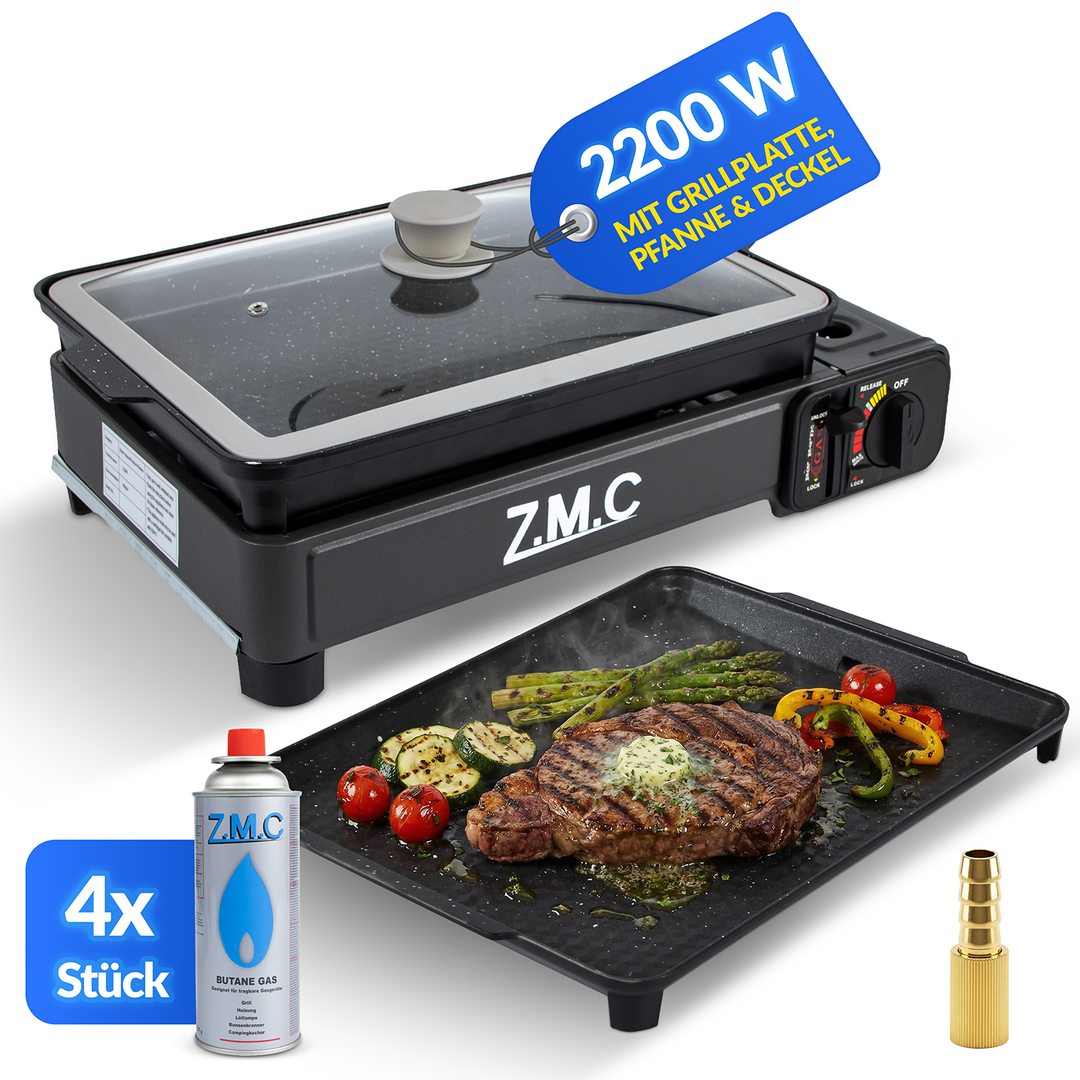 ZMC 2-in-1 Gaskocher & Gasgrill 2,2 kW, wählbar mit Gaskartuschen, inkl. Grillplatte & Pfanne mit Glasdeckel, tragbarer Campingkocher mit Piezo-Zündung für Balkon, Garten & Outdoor
