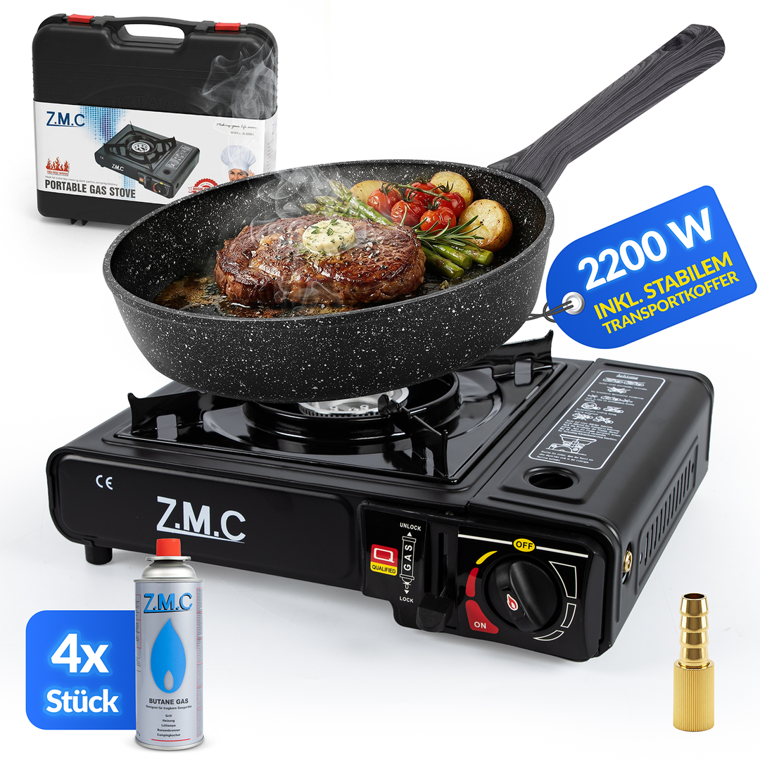 ZMC 1-flammiger Gaskocher 2,2 kW mit Piezo-Zündung inkl. LPG-Adapter & Koffer | Wählbar mit Grillplatte oder 227g Gaskartuschen | Tragbarer Campingkocher für Outdoor, Indoor, Garten & Notfallküche
