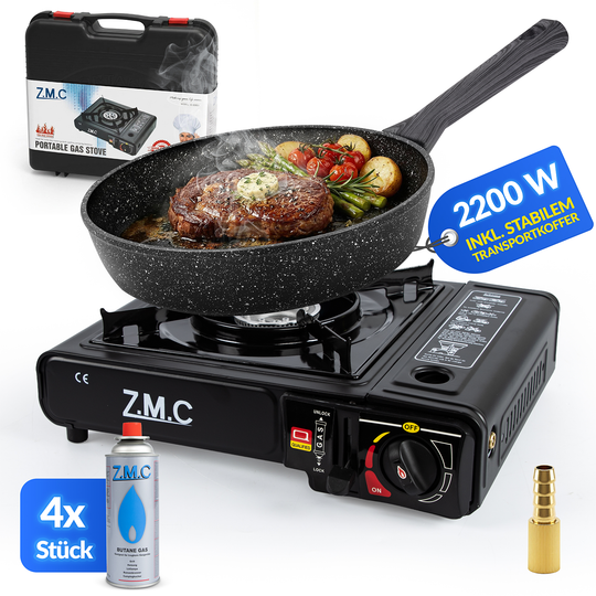 ZMC 1-flammiger Gaskocher 2,2 kW mit Piezo-Zündung inkl. LPG-Adapter & Koffer | Wählbar mit Grillplatte oder 227g Gaskartuschen | Tragbarer Campingkocher für Outdoor, Indoor, Garten & Notfallküche