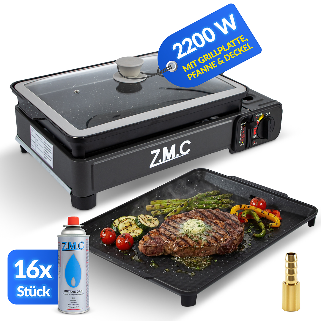 ZMC 2-in-1 Gaskocher & Gasgrill 2,2 kW, wählbar mit Gaskartuschen, inkl. Grillplatte & Pfanne mit Glasdeckel, tragbarer Campingkocher mit Piezo-Zündung für Balkon, Garten & Outdoor