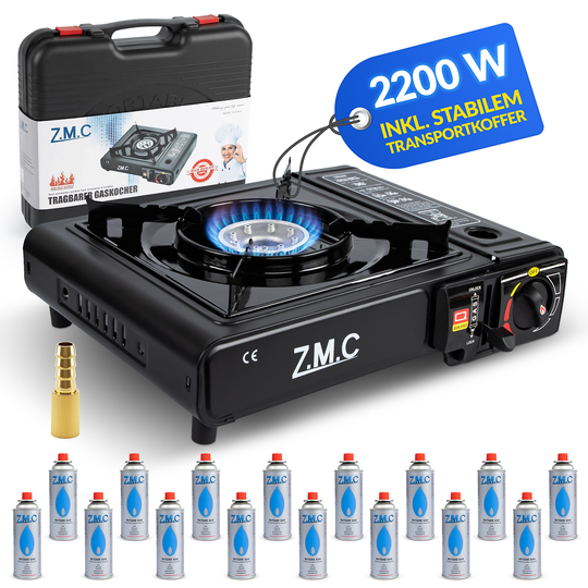 ZMC 1-flammiger Gaskocher 2,2 kW mit Piezo-Zündung inkl. LPG-Adapter & Koffer | Wählbar mit Grillplatte oder 227g Gaskartuschen | Tragbarer Campingkocher für Outdoor, Indoor, Garten & Notfallküche
