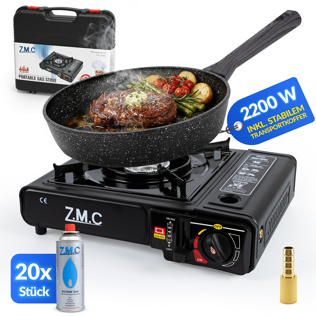 ZMC 1-flammiger Gaskocher 2,2 kW mit Piezo-Zündung inkl. LPG-Adapter & Koffer | Wählbar mit Grillplatte oder 227g Gaskartuschen | Tragbarer Campingkocher für Outdoor, Indoor, Garten & Notfallküche