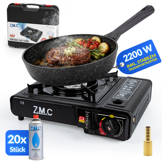 ZMC 1-flammiger Gaskocher 2,2 kW mit Piezo-Zündung inkl. LPG-Adapter & Koffer | Wählbar mit Grillplatte oder 227g Gaskartuschen | Tragbarer Campingkocher für Outdoor, Indoor, Garten & Notfallküche
