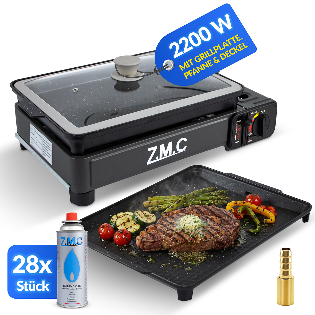 ZMC 2-in-1 Gaskocher & Gasgrill 2,2 kW, wählbar mit Gaskartuschen, inkl. Grillplatte & Pfanne mit Glasdeckel, tragbarer Campingkocher mit Piezo-Zündung für Balkon, Garten & Outdoor