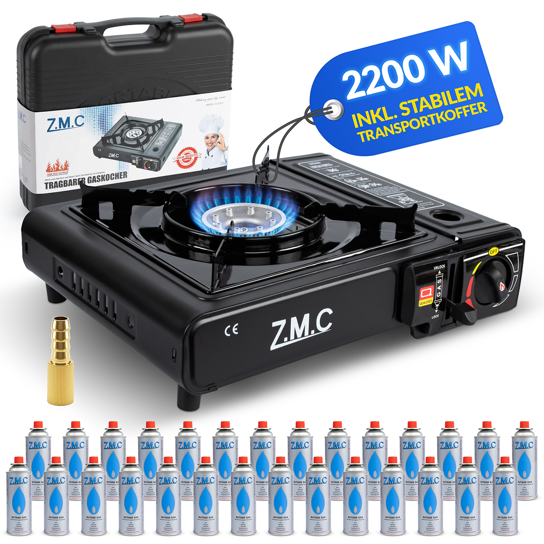 ZMC 1-flammiger Gaskocher 2,2 kW mit Piezo-Zündung inkl. LPG-Adapter & Koffer | Wählbar mit Grillplatte oder 227g Gaskartuschen | Tragbarer Campingkocher für Outdoor, Indoor, Garten & Notfallküche