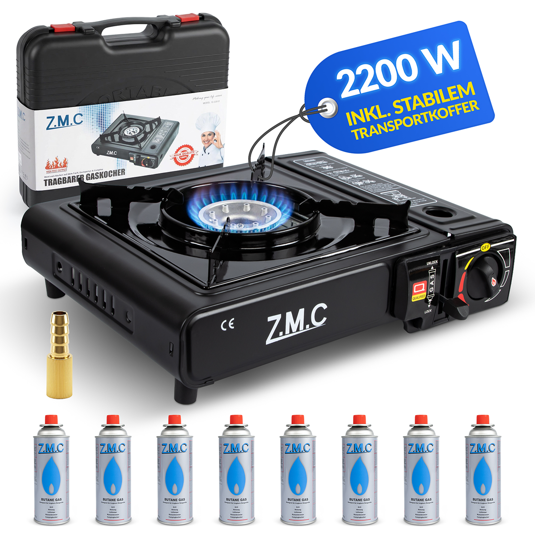 ZMC 1-flammiger Gaskocher 2,2 kW mit Piezo-Zündung inkl. LPG-Adapter & Koffer | Wählbar mit Grillplatte oder 227g Gaskartuschen | Tragbarer Campingkocher für Outdoor, Indoor, Garten & Notfallküche
