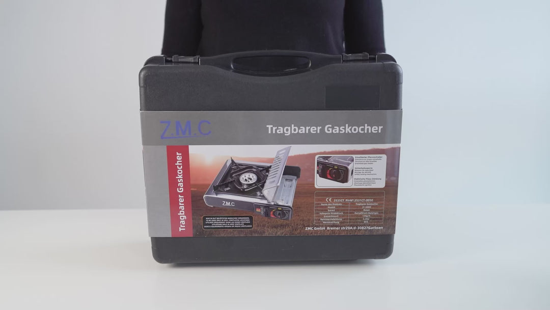 ZMC Edelstahl Gaskocher 1-flammig + Aufbewahrungskoffer Wählbar mit Gaskartuschen 227g oder Grillplatte , Campingkocher für Outdoor und Innenraum, 2,2 kW mit Piezozündung