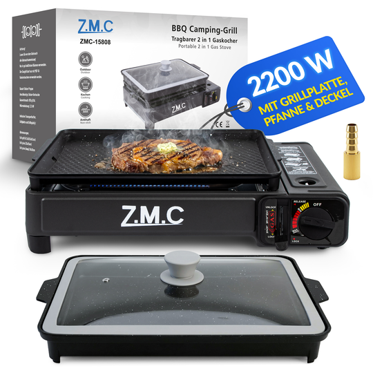 ZMC 2-in-1 Gaskocher & Gasgrill 2,2 kW, wählbar mit Gaskartuschen, inkl. Grillplatte & Pfanne mit Glasdeckel, tragbarer Campingkocher mit Piezo-Zündung für Balkon, Garten & Outdoor