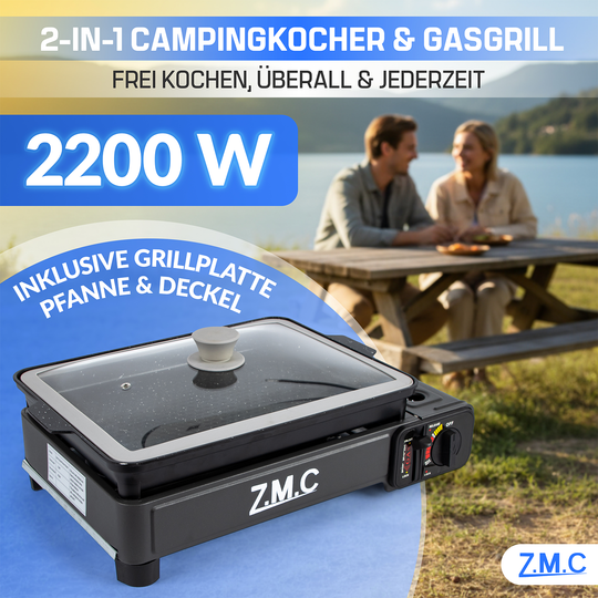 ZMC 2-in-1 Gaskocher & Gasgrill 2,2 kW, wählbar mit Gaskartuschen, inkl. Grillplatte & Pfanne mit Glasdeckel, tragbarer Campingkocher mit Piezo-Zündung für Balkon, Garten & Outdoor