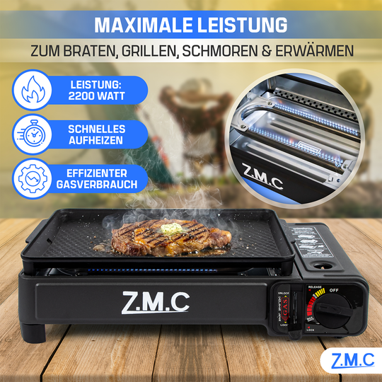 ZMC 2-in-1 Gaskocher & Gasgrill 2,2 kW, wählbar mit Gaskartuschen, inkl. Grillplatte & Pfanne mit Glasdeckel, tragbarer Campingkocher mit Piezo-Zündung für Balkon, Garten & Outdoor