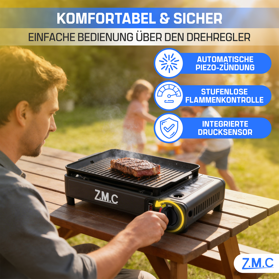 ZMC 2-in-1 Gaskocher & Gasgrill 2,2 kW, wählbar mit Gaskartuschen, inkl. Grillplatte & Pfanne mit Glasdeckel, tragbarer Campingkocher mit Piezo-Zündung für Balkon, Garten & Outdoor