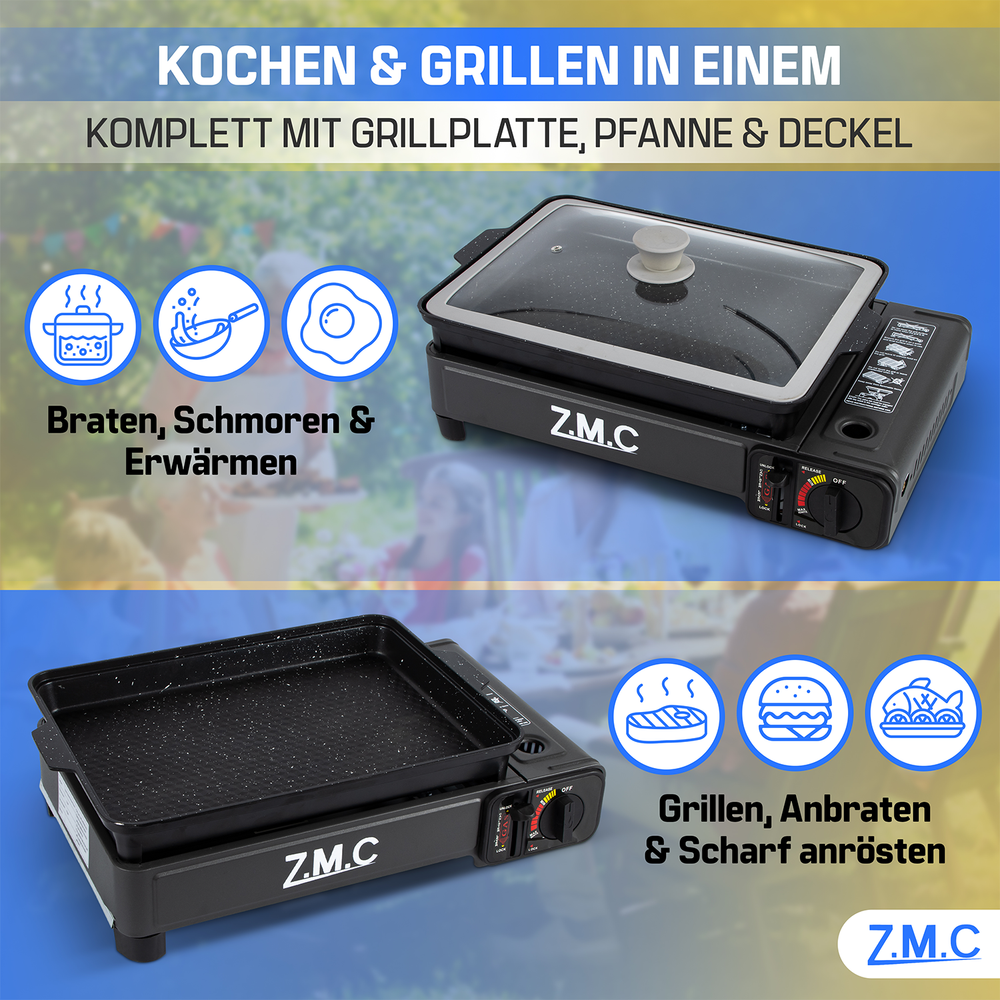 ZMC 2-in-1 Gaskocher & Gasgrill 2,2 kW, wählbar mit Gaskartuschen, inkl. Grillplatte & Pfanne mit Glasdeckel, tragbarer Campingkocher mit Piezo-Zündung für Balkon, Garten & Outdoor