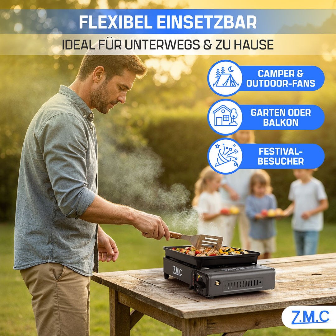 ZMC 2-in-1 Gaskocher & Gasgrill 2,2 kW, wählbar mit Gaskartuschen, inkl. Grillplatte & Pfanne mit Glasdeckel, tragbarer Campingkocher mit Piezo-Zündung für Balkon, Garten & Outdoor
