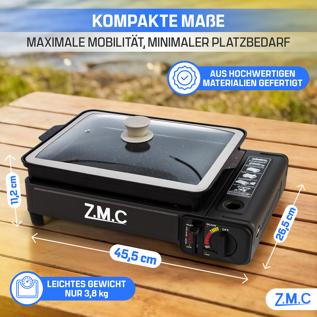 ZMC 2-in-1 Gaskocher & Gasgrill 2,2 kW, wählbar mit Gaskartuschen, inkl. Grillplatte & Pfanne mit Glasdeckel, tragbarer Campingkocher mit Piezo-Zündung für Balkon, Garten & Outdoor