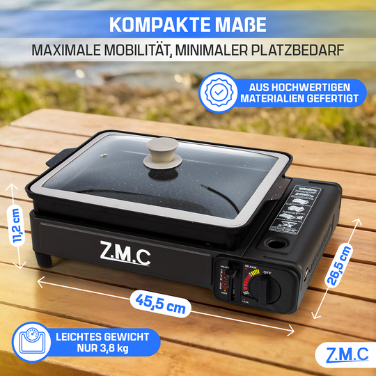 ZMC 2-in-1 Gaskocher & Gasgrill 2,2 kW, wählbar mit Gaskartuschen, inkl. Grillplatte & Pfanne mit Glasdeckel, tragbarer Campingkocher mit Piezo-Zündung für Balkon, Garten & Outdoor