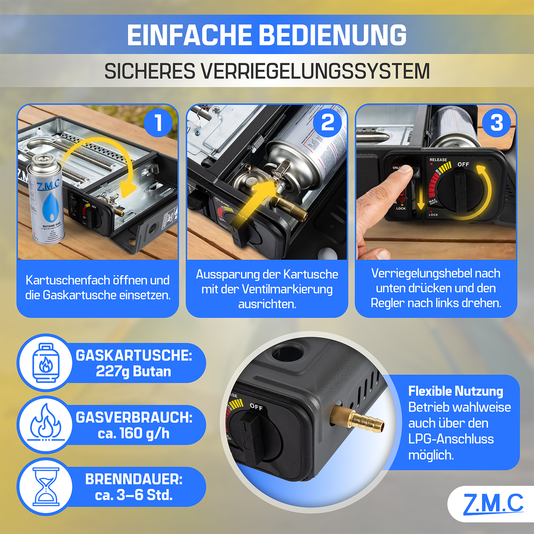 2-in-1 Gaskocher & Gasgrill, 227g Gaskartuschen, Grillplatte & Koffer – ZMC Camping