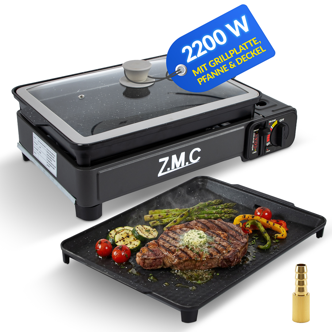 ZMC 2-in-1 Gaskocher & Gasgrill 2,2 kW, wählbar mit Gaskartuschen, inkl. Grillplatte & Pfanne mit Glasdeckel, tragbarer Campingkocher mit Piezo-Zündung für Balkon, Garten & Outdoor