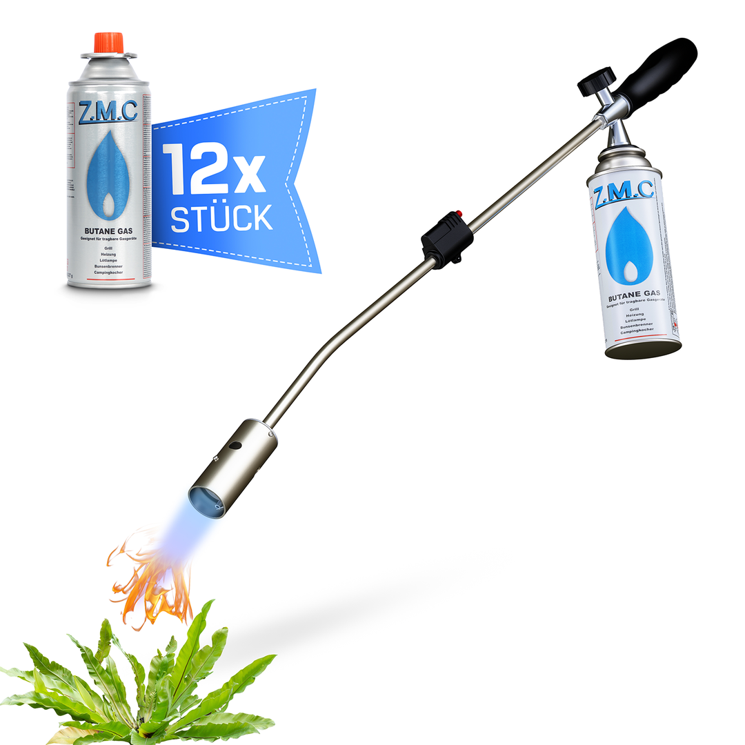 ZMC Unkrautbrenner 2,5 kW, Unkrautvernichter inkl. Gaskartuschen mit Piezo-Zündung, Abflammgerät, Flammenleistung bis 1400 °C, für Garten, Hof und Gehwege